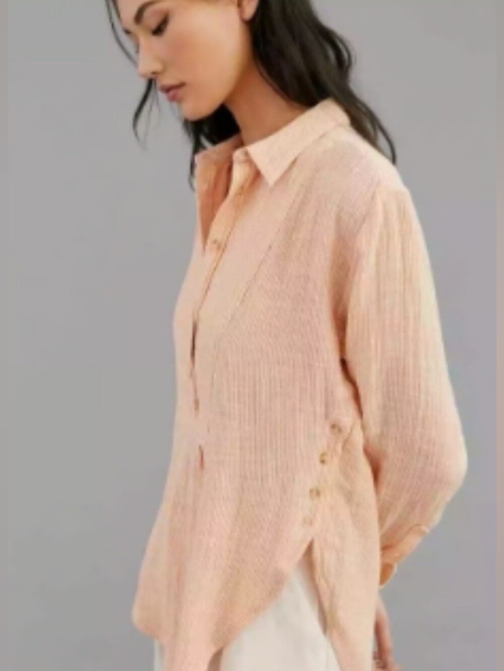 By Anthropologie Peach Boho Gauze V-Neck Front and Side-Button Popover Shirt